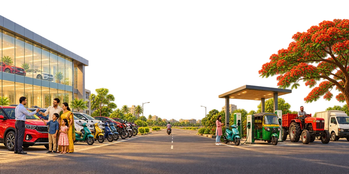 A salesman handing car keys to a family outside a showroom with rows of scooters and motorcycles, a woman charging an electric scooter beside an electric autorickshaw, a tractor and a delivery truck